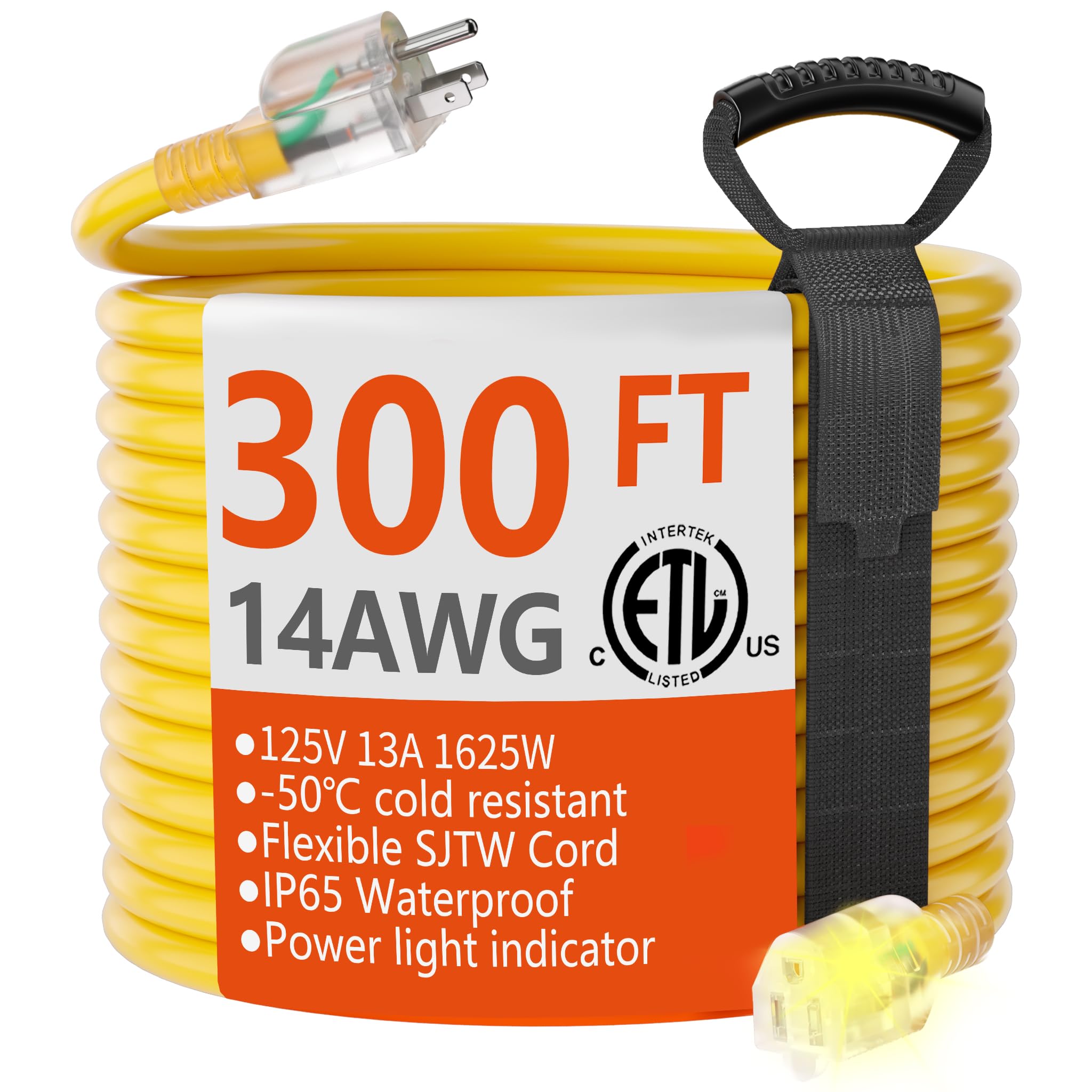 HUANCHAIN Indoor Outdoor Black Extension Cord 50 ft Waterproof, 16/3 Gauge Flexible Resistant Appliance Extension Cord Outside, 13A 1625W 16AWG SJTW, 3 Prong Heavy Duty Electric Cable, ETL Listed